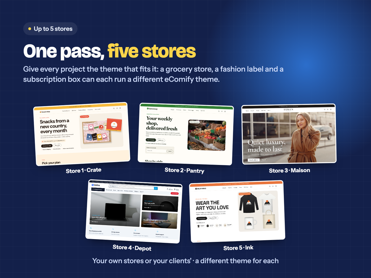 Use eComify themes on up to 5 stores, a different theme for each