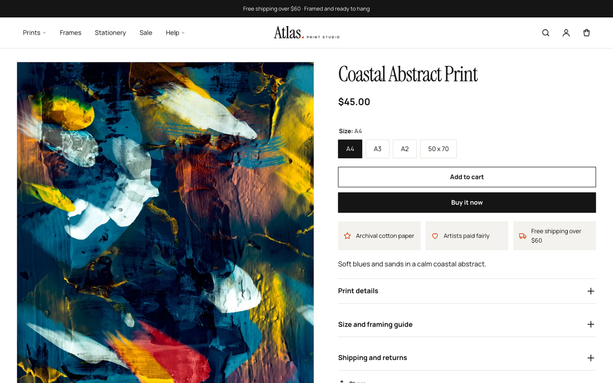 Art product page with swatches and detail tabs