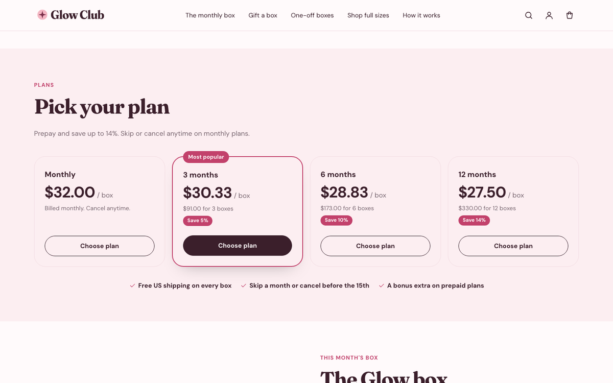 Glow Club: plan picker with price per box and savings