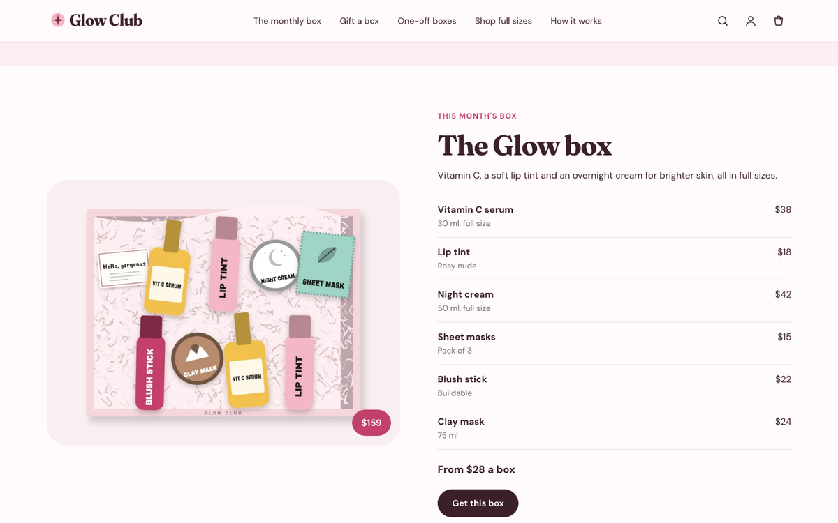 Glow Club: this month's box with item values
