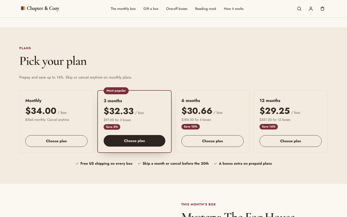 Chapter & Cozy: plan picker with price per box and savings