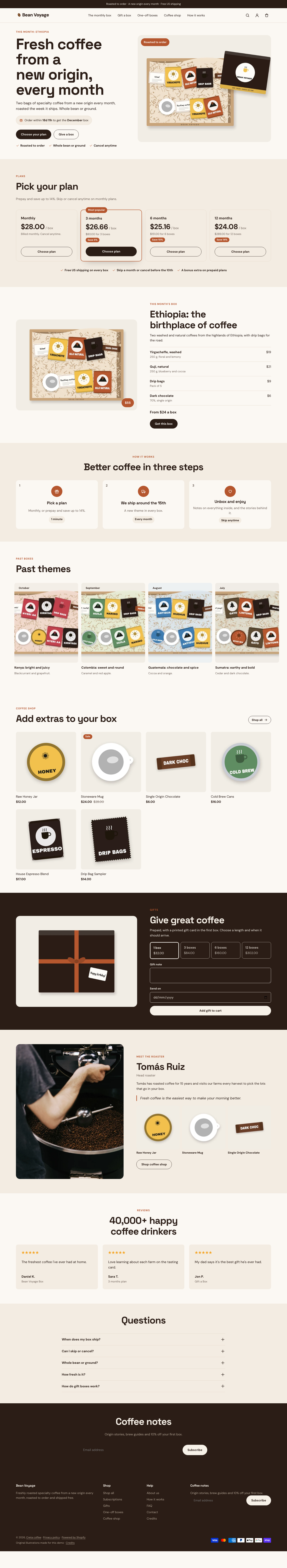 Bean Voyage: the full homepage, top to bottom