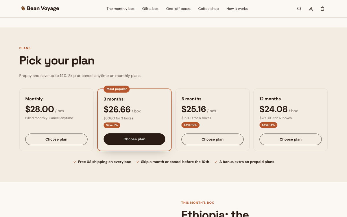 Bean Voyage: plan picker with price per box and savings