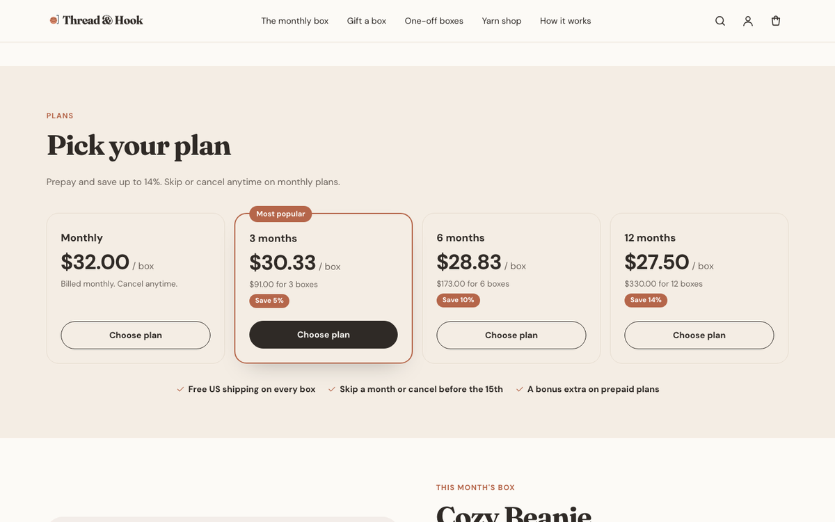 Thread & Hook: plan picker with price per box and savings
