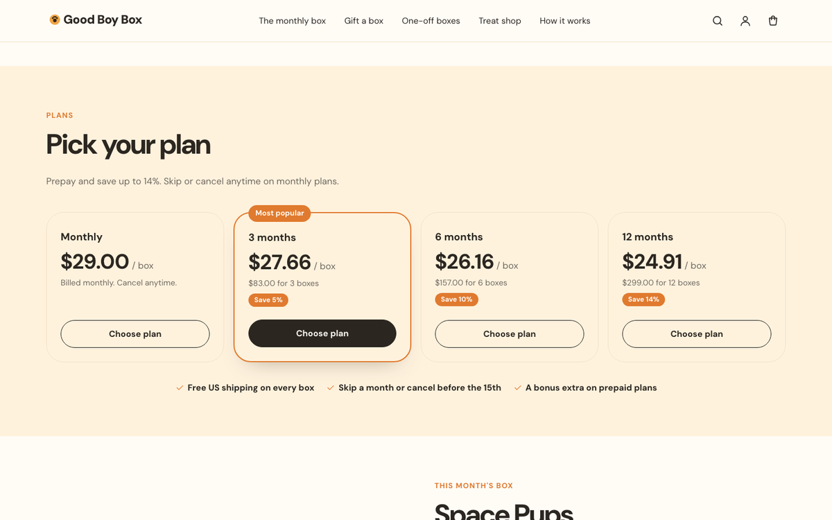Good Boy Box: plan picker with price per box and savings
