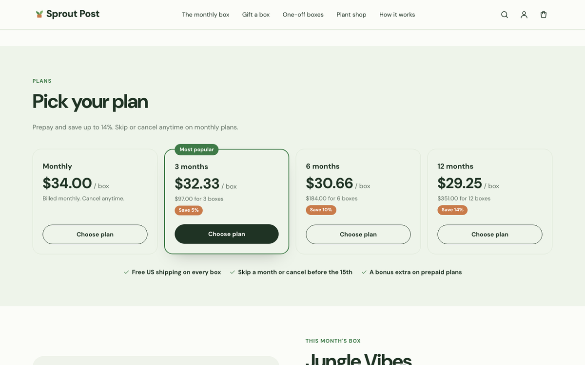 Sprout Post: plan picker with price per box and savings