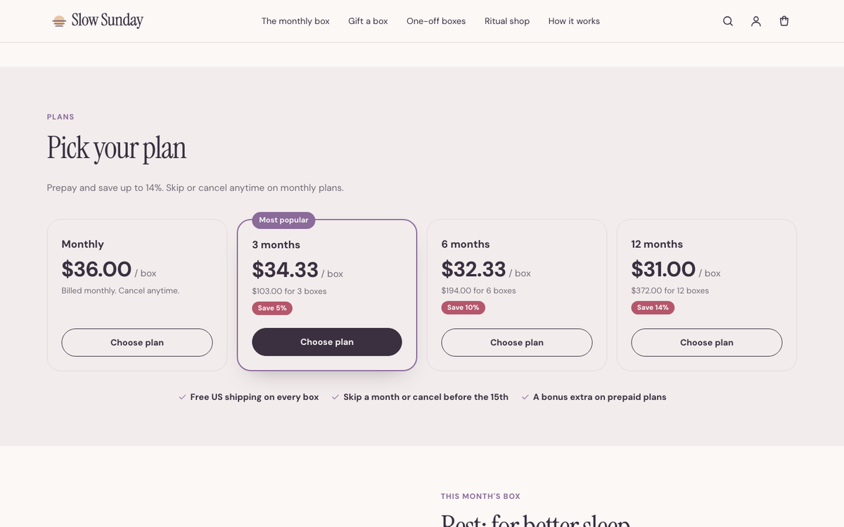 Slow Sunday: plan picker with price per box and savings