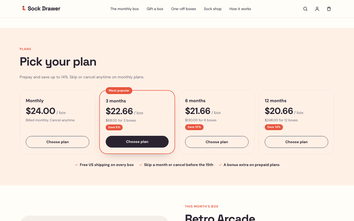 Sock Drawer: plan picker with price per box and savings