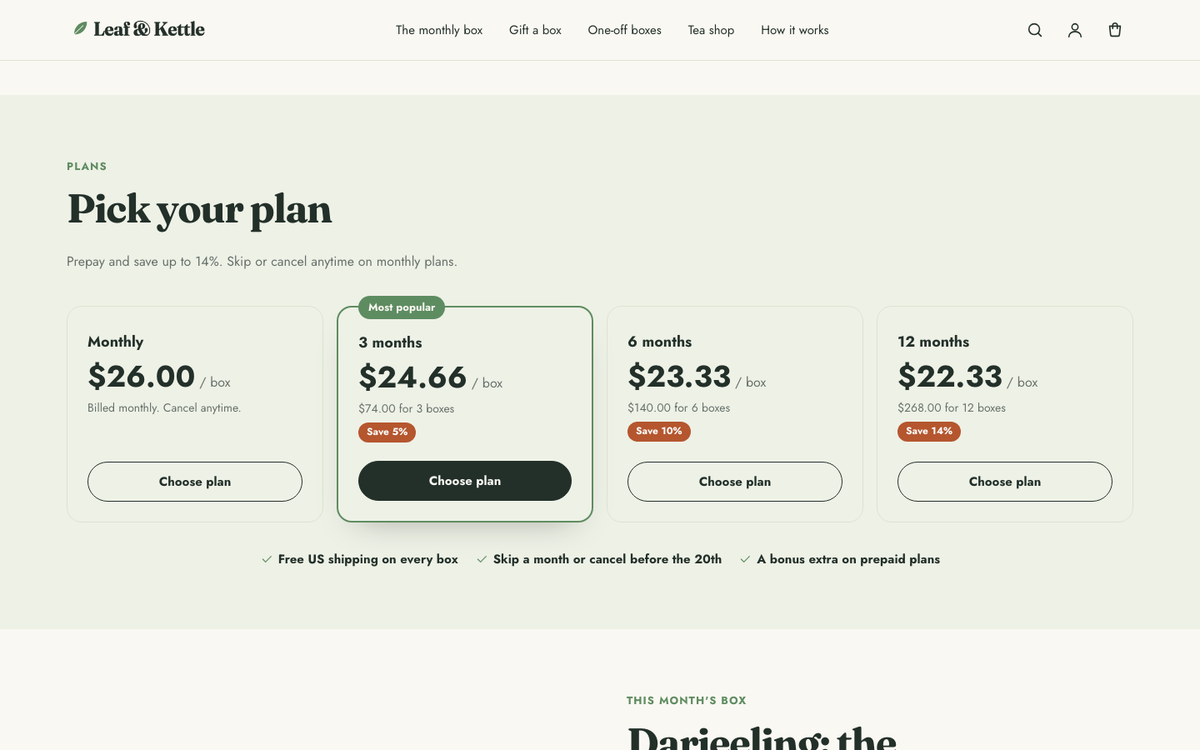 Leaf & Kettle: plan picker with price per box and savings