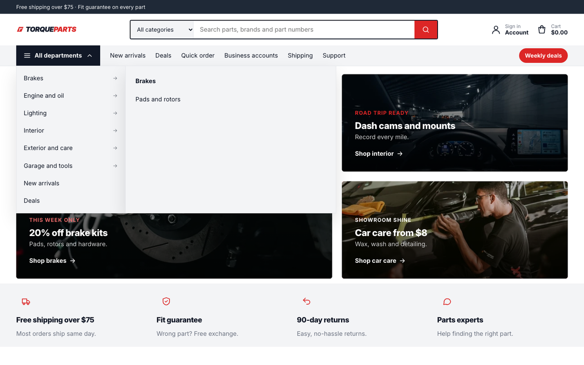 Torque Parts: All departments menu with fly-outs