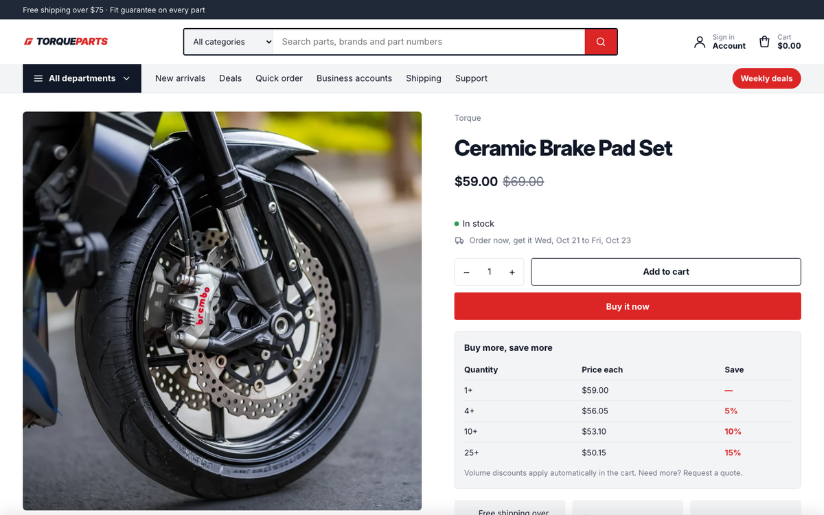 Torque Parts: product page with bulk pricing and specifications