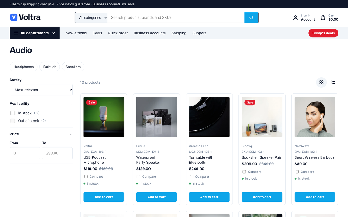 Depot collection page with category chips, filters and compact product cards