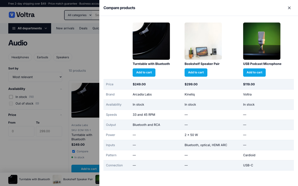 Compare up to four products side by side