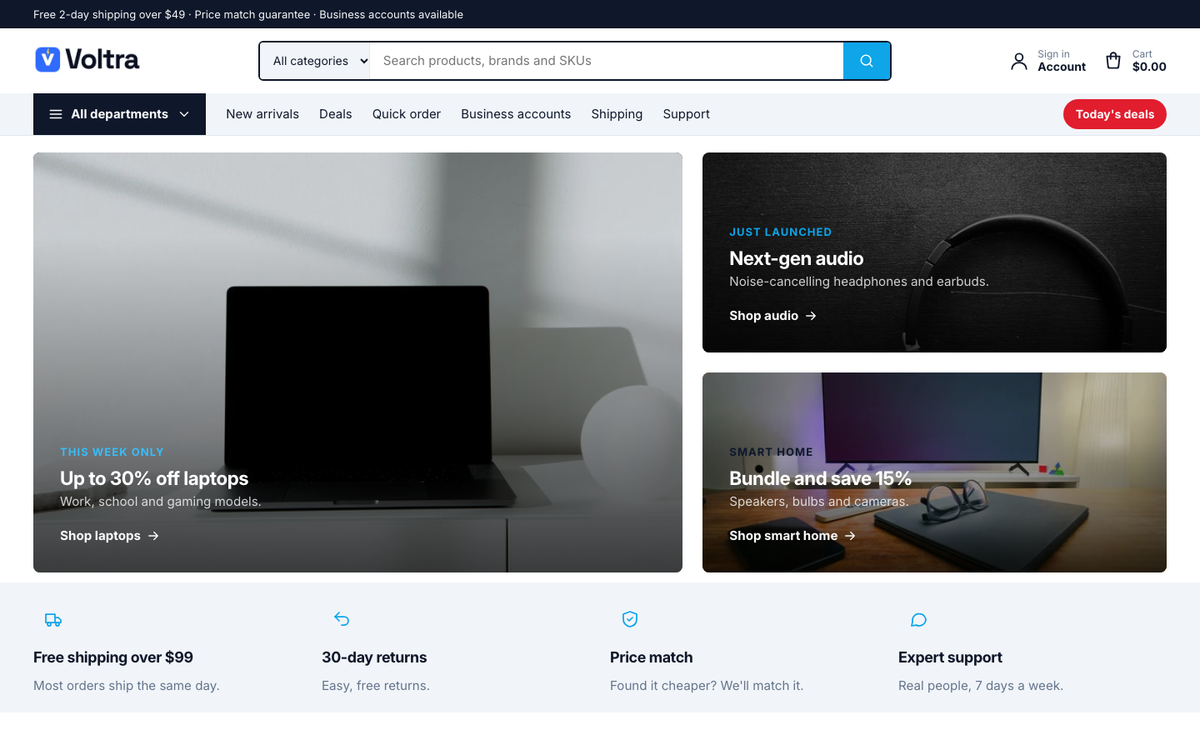 Depot Electronics demo homepage with search-first header and departments menu
