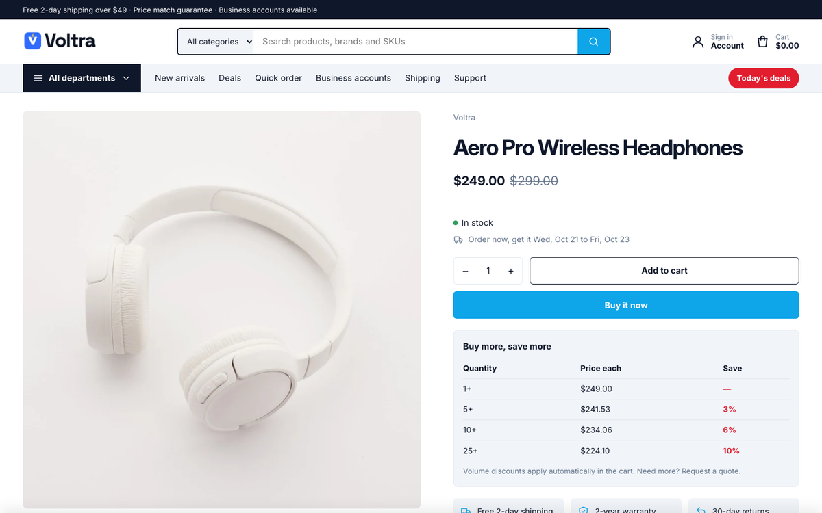 Depot product page with bulk pricing, stock and delivery estimate