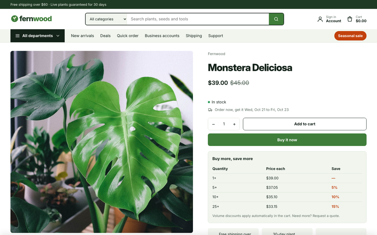 Fernwood Garden: product page with bulk pricing and specifications