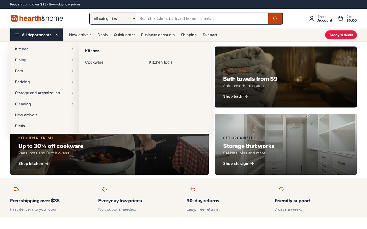Hearth & Home: All departments menu with fly-outs