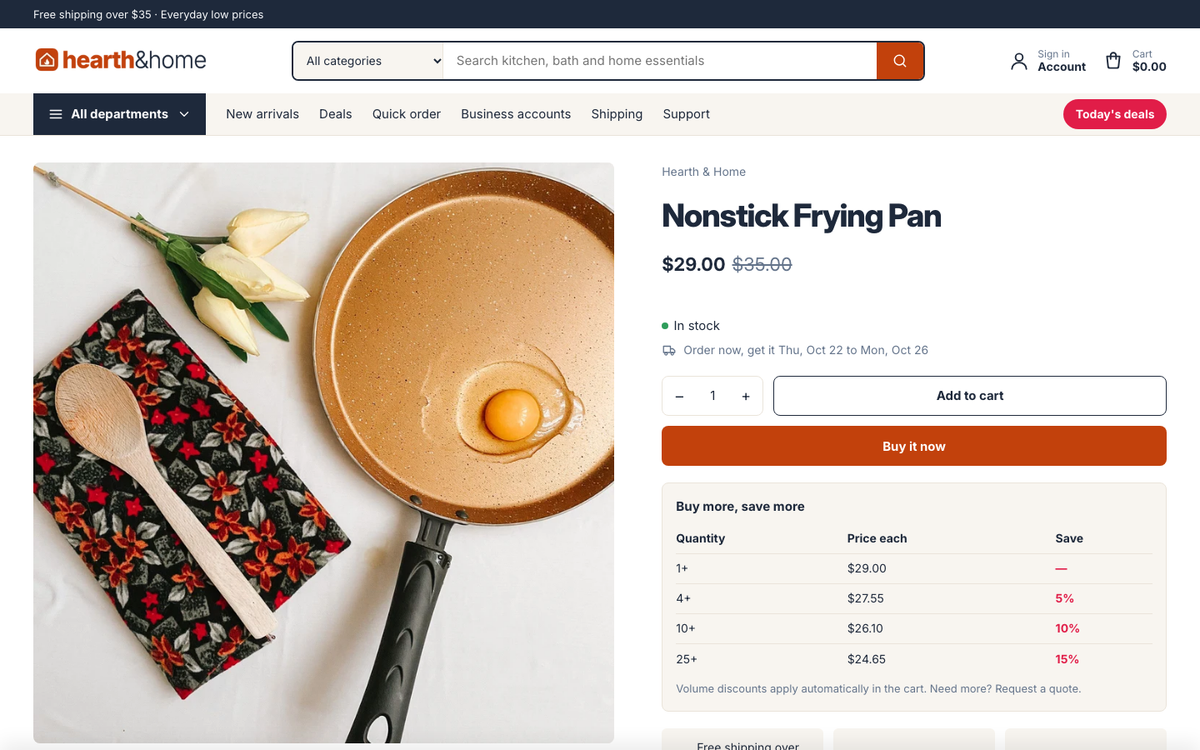 Hearth & Home: product page with bulk pricing and specifications