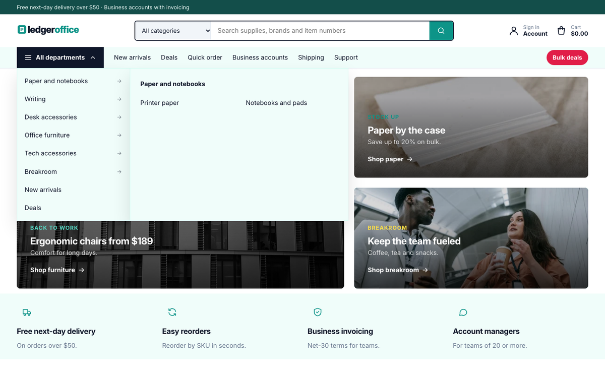 Ledger Office: All departments menu with fly-outs