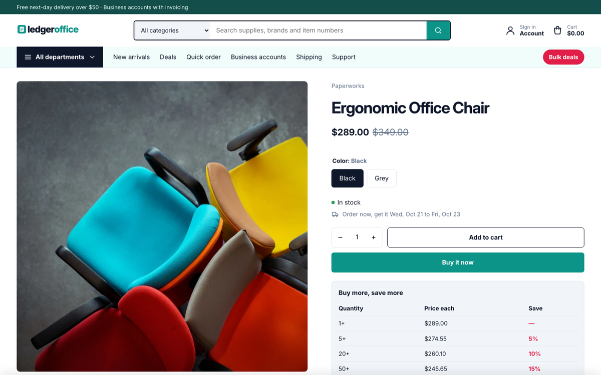 Ledger Office: product page with bulk pricing and specifications