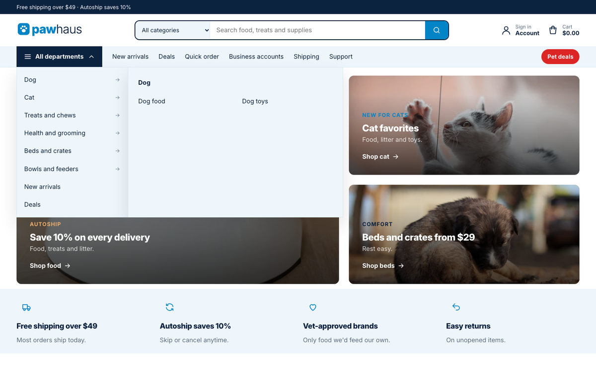 Pawhaus Supply: All departments menu with fly-outs