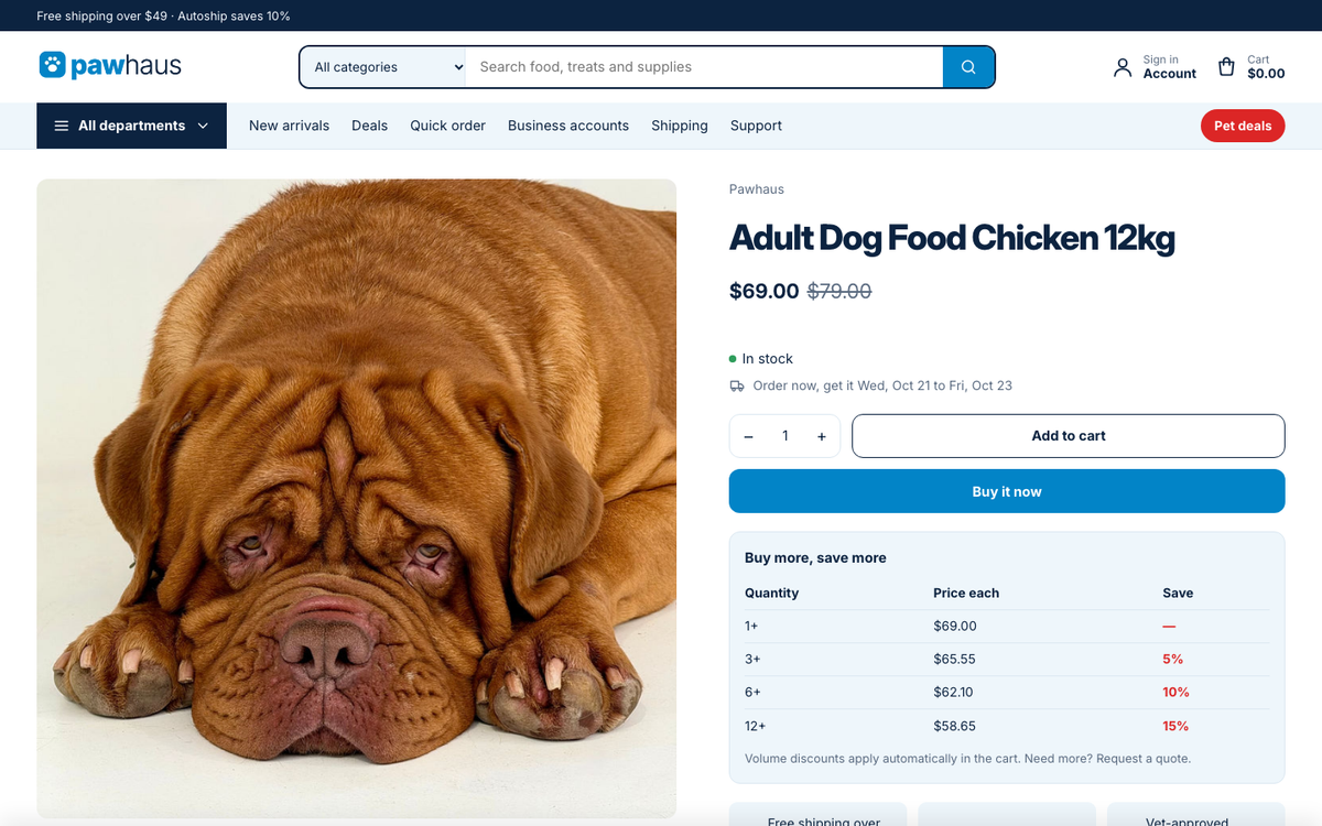 Pawhaus Supply: product page with bulk pricing and specifications