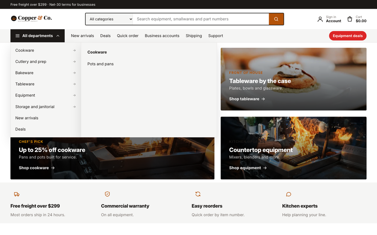 Copper & Co.: All departments menu with fly-outs