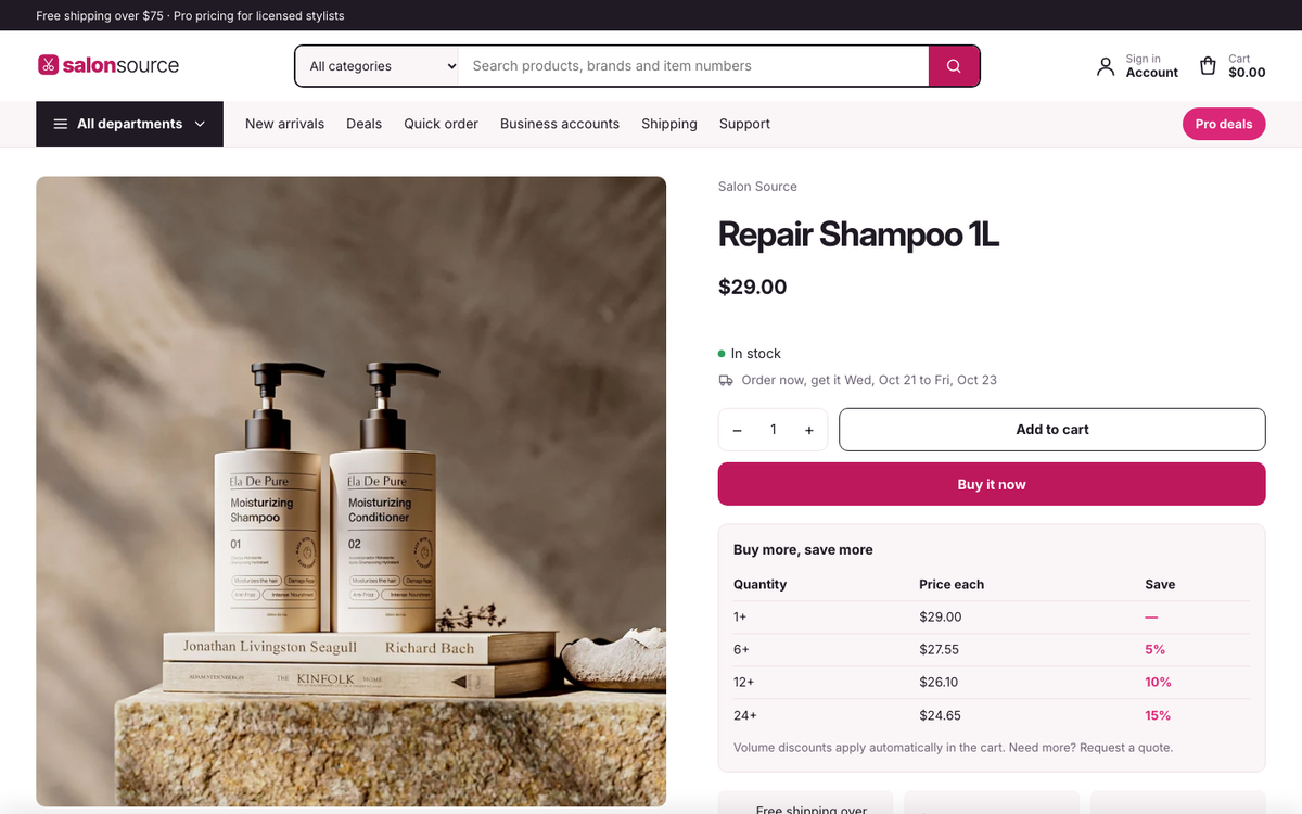 Salon Source: product page with bulk pricing and specifications