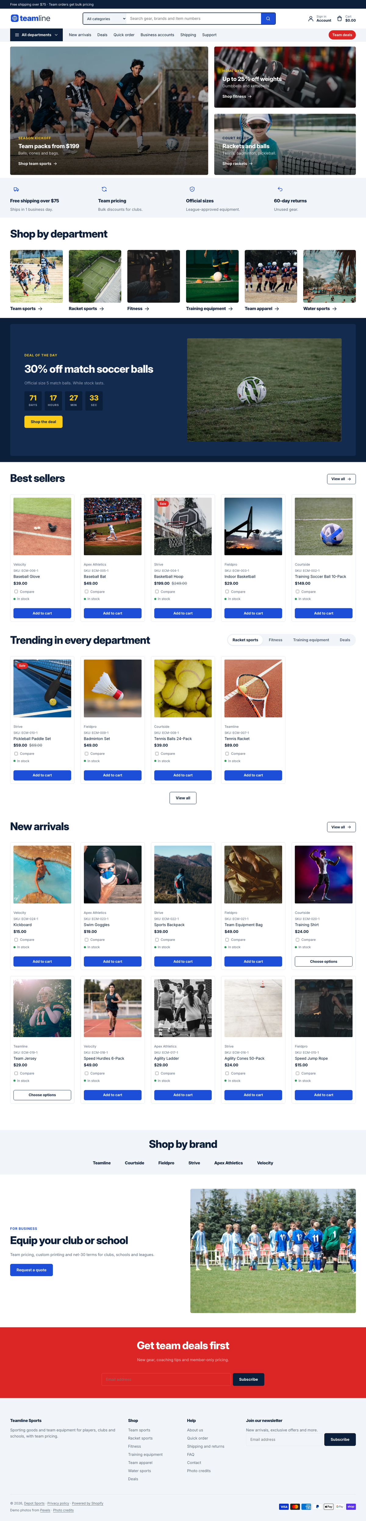 Teamline Sports: the full homepage, top to bottom