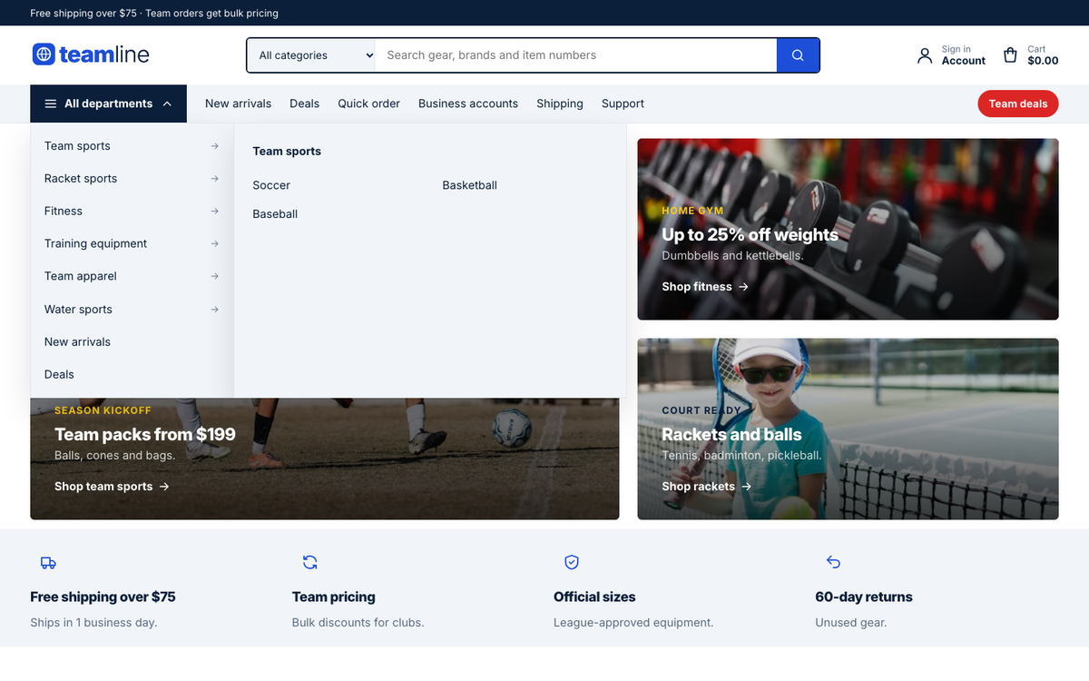 Teamline Sports: All departments menu with fly-outs