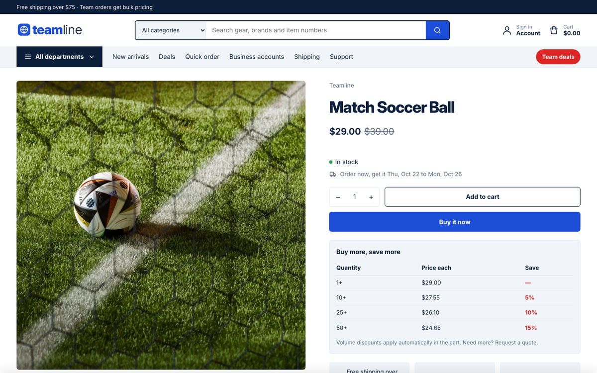 Teamline Sports: product page with bulk pricing and specifications