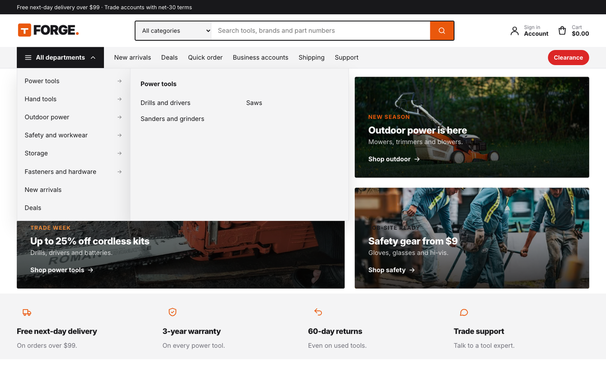 Forge Supply: All departments menu with fly-outs