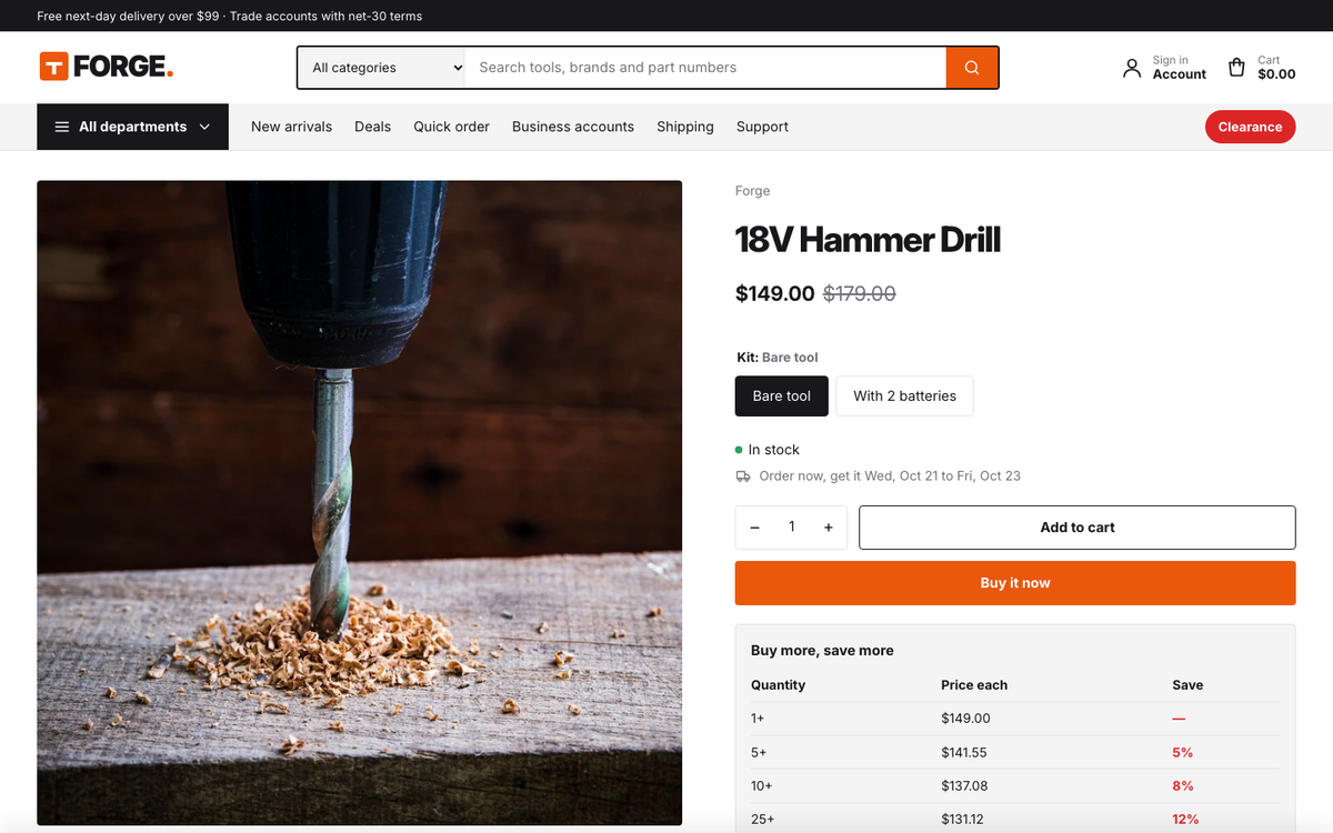 Forge Supply: product page with bulk pricing and specifications
