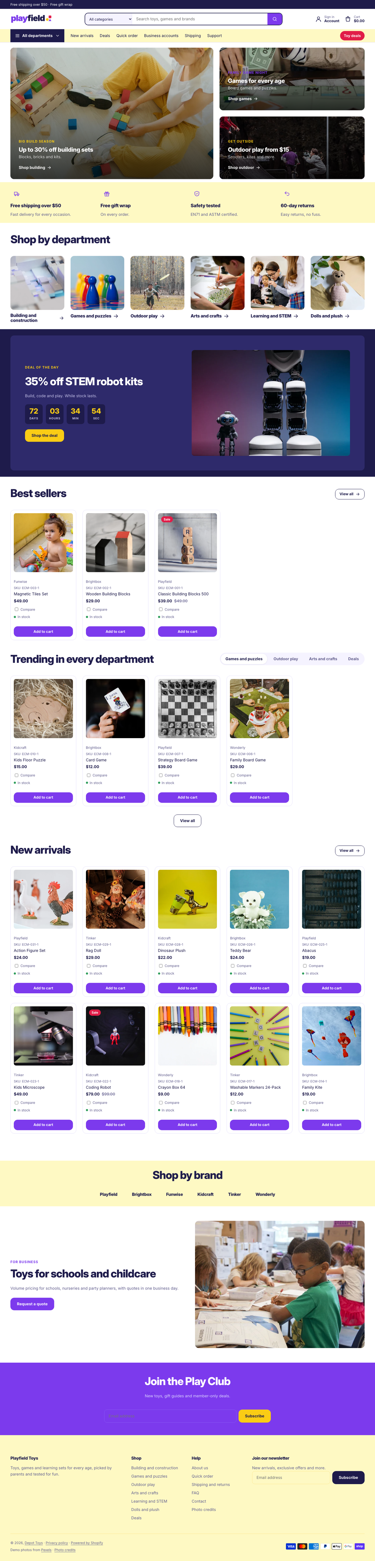 Playfield Toys: the full homepage, top to bottom