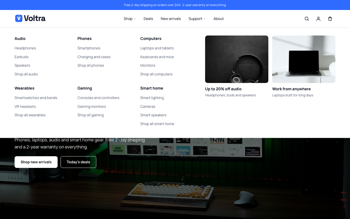 Mega menu with six category columns and two image cards