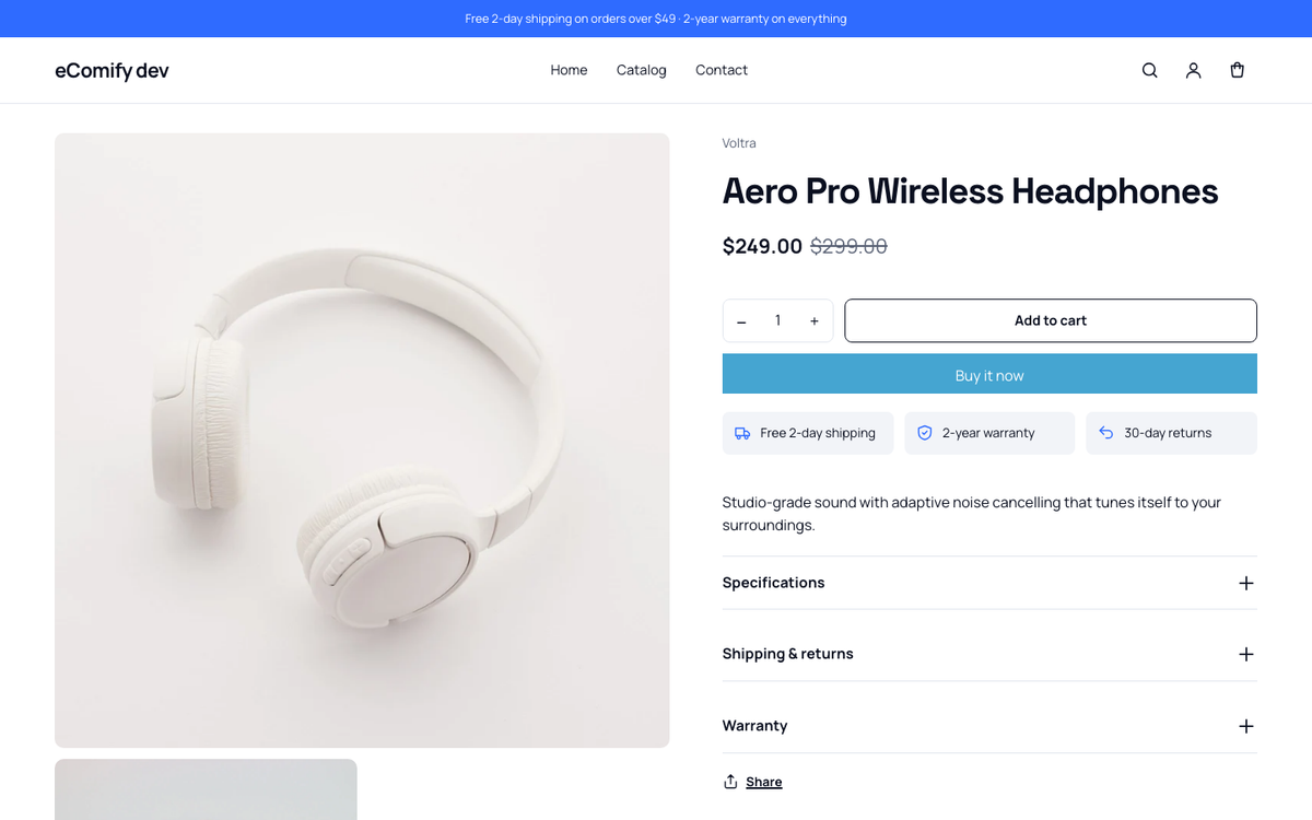 Kinetic product page with specifications and warranty icons