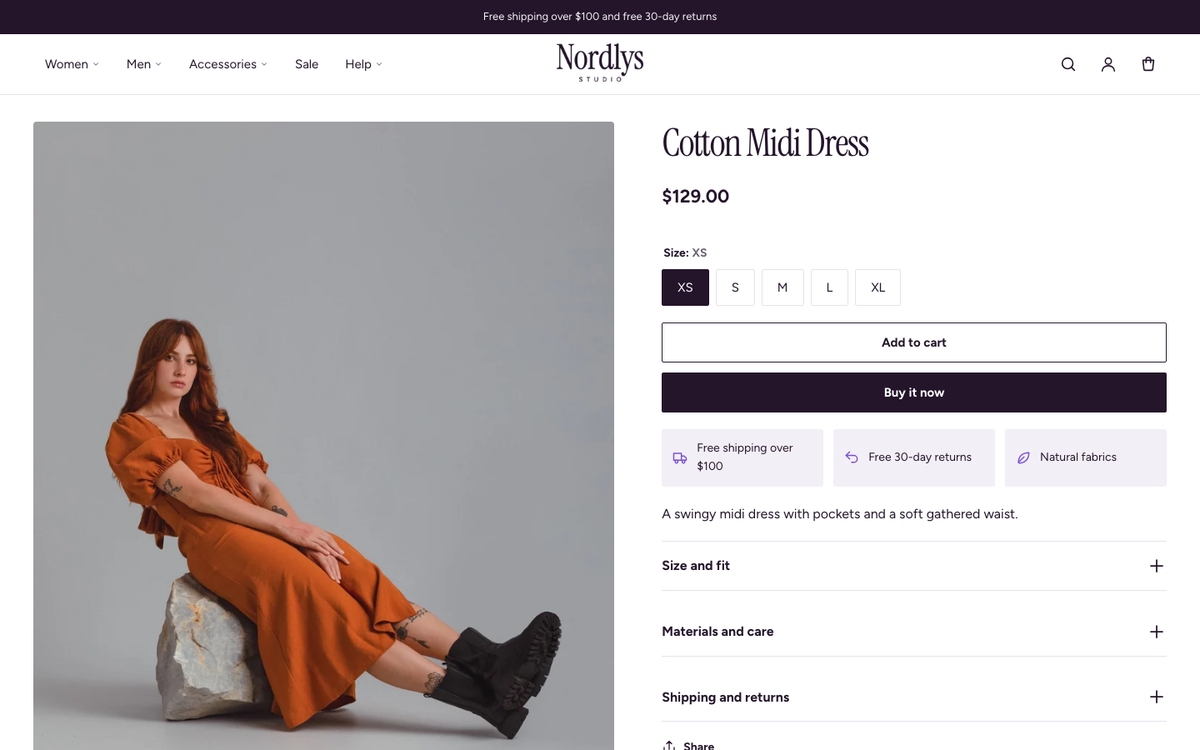 Product page with size swatches, delivery icons and size and fit details