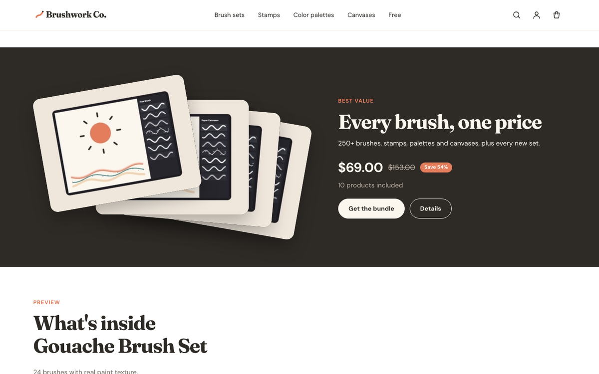 Brushwork Co.: bundle showcase with worth and saving