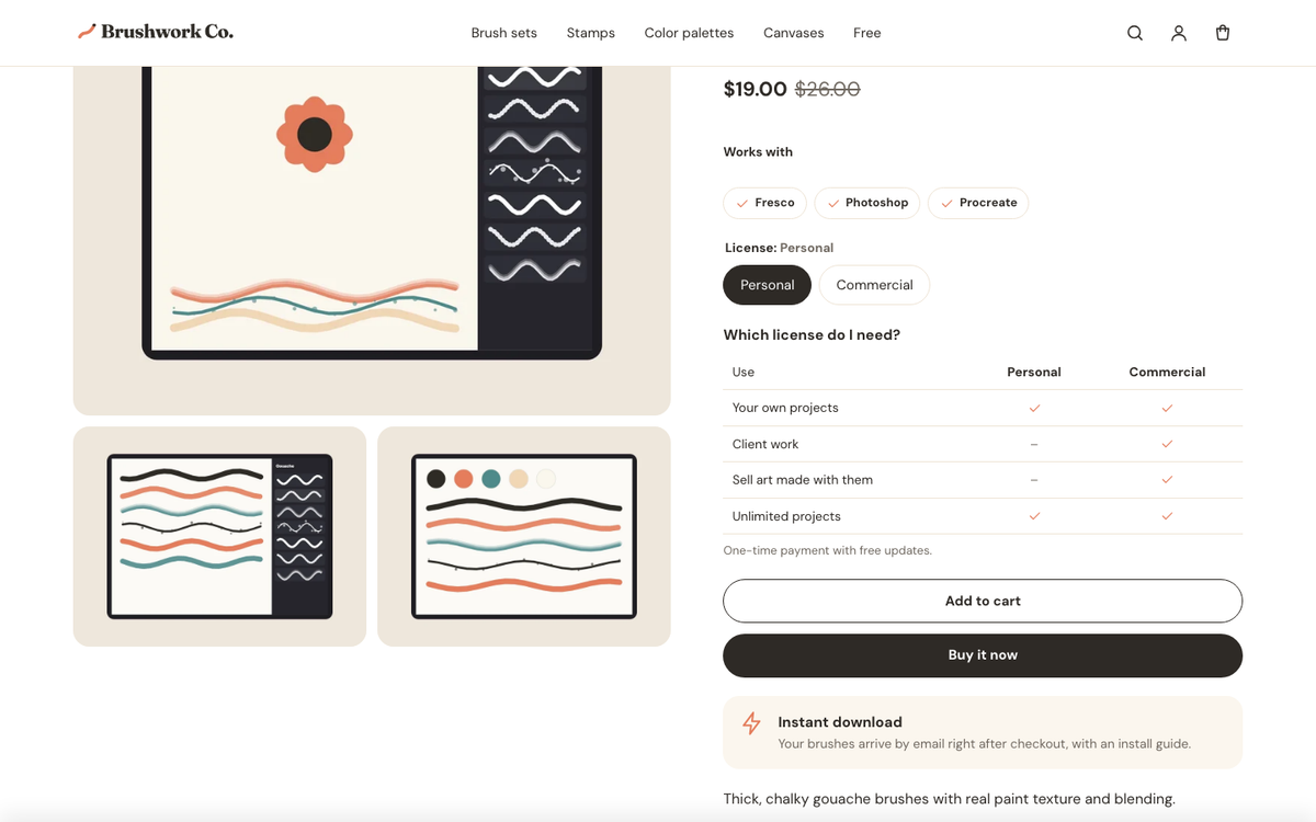 Brushwork Co.: license picker with a comparison table