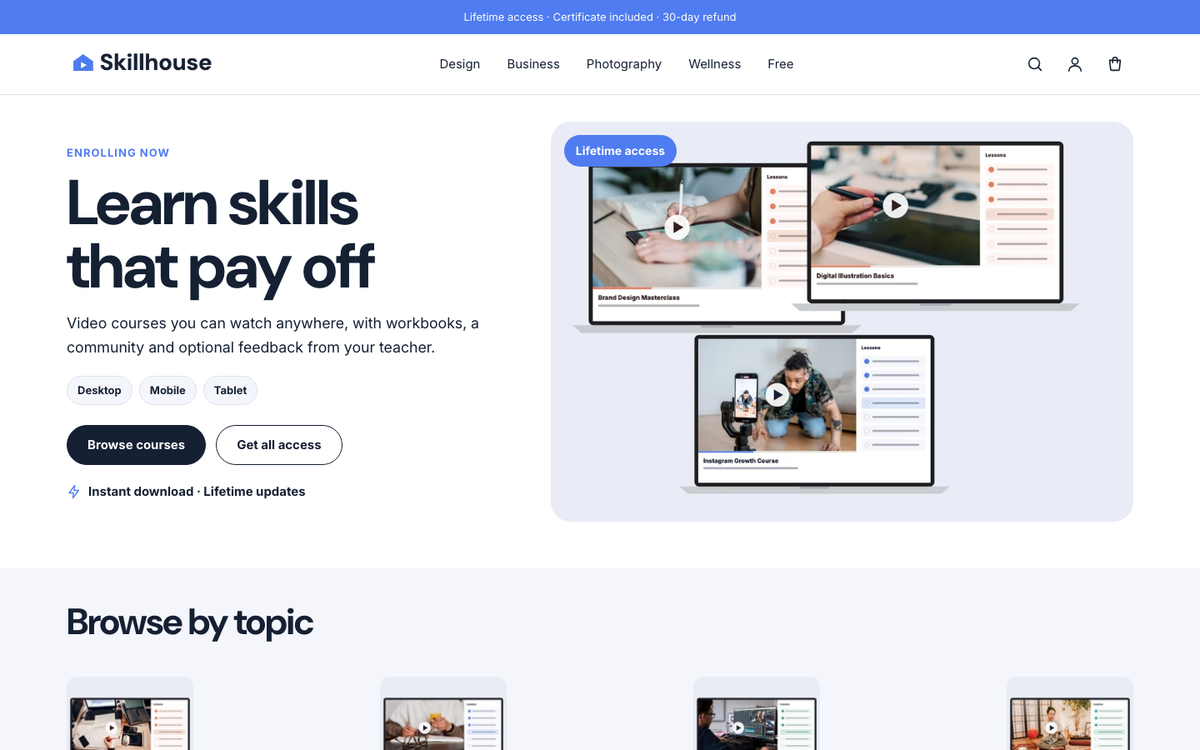 Skillhouse: download hero built with Folio