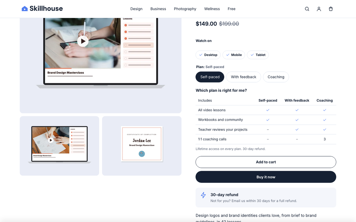 Skillhouse: license picker with a comparison table