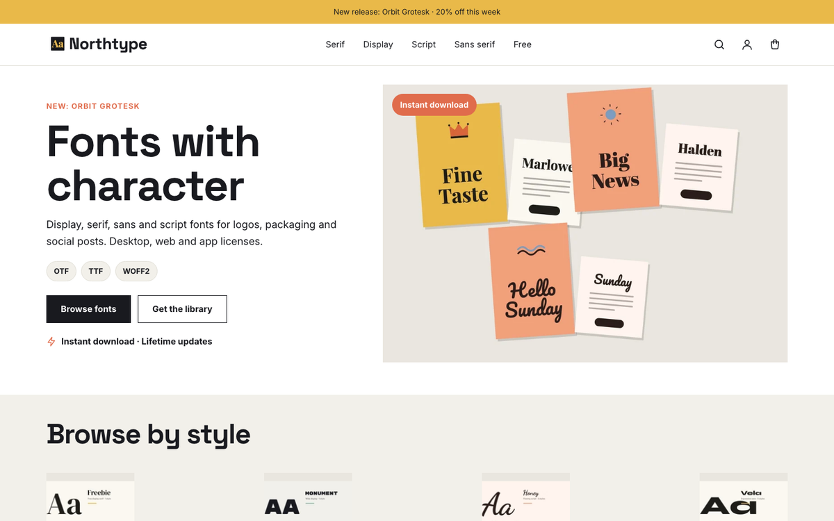 Northtype Foundry: download hero built with Folio