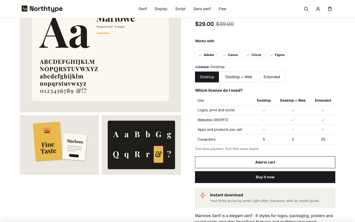 Northtype Foundry: license picker with a comparison table