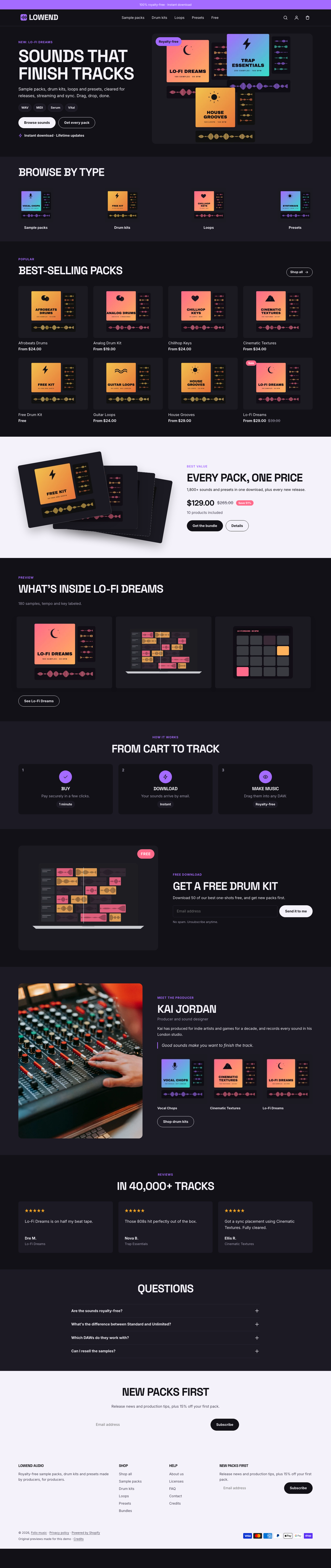 Lowend Audio: the full homepage, top to bottom
