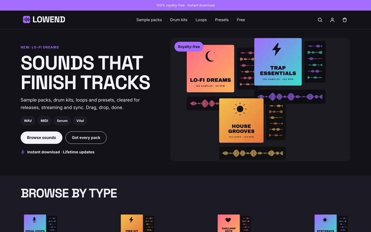 Lowend Audio: download hero built with Folio
