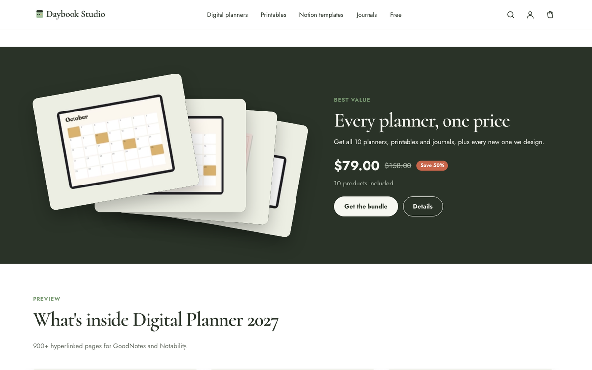 Daybook Studio: bundle showcase with worth and saving