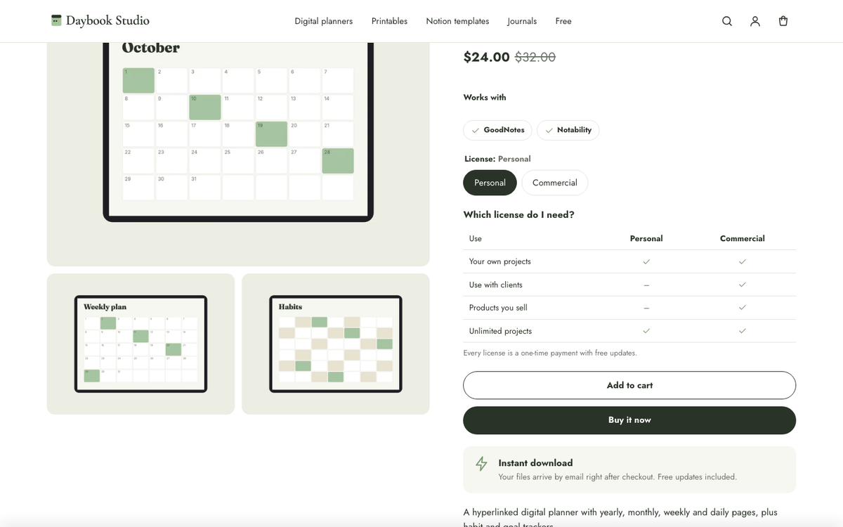Daybook Studio: license picker with a comparison table