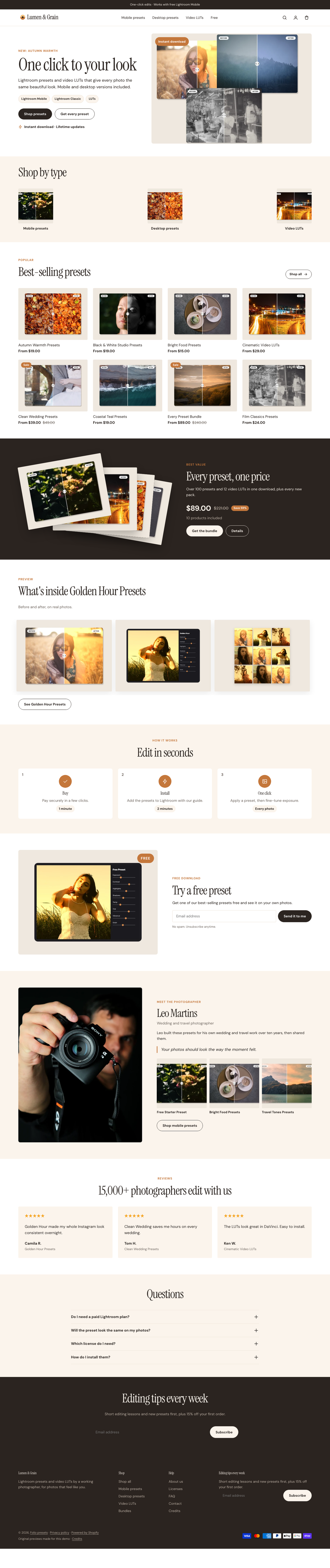 Lumen & Grain: the full homepage, top to bottom