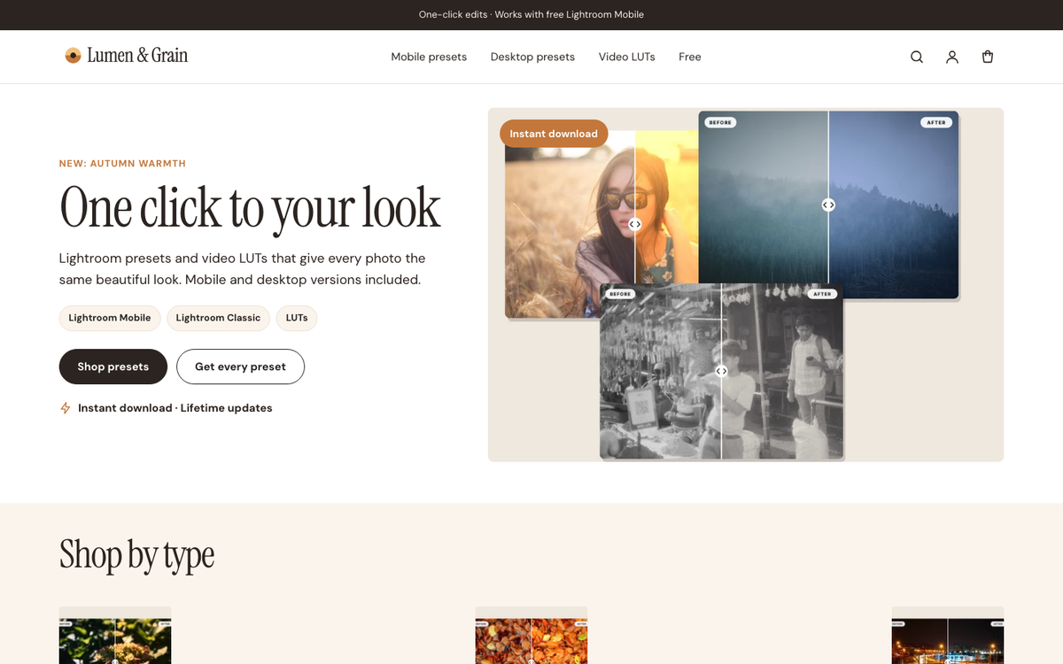 Lumen & Grain: download hero built with Folio