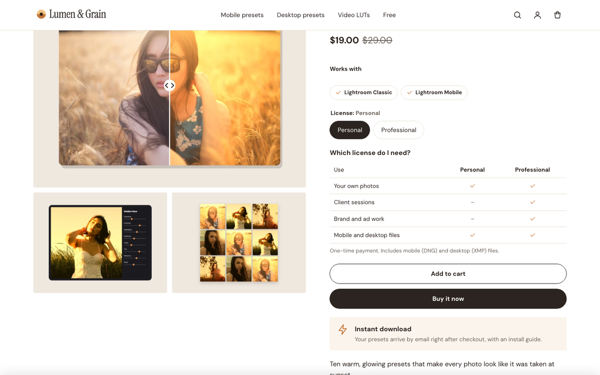 Lumen & Grain: license picker with a comparison table